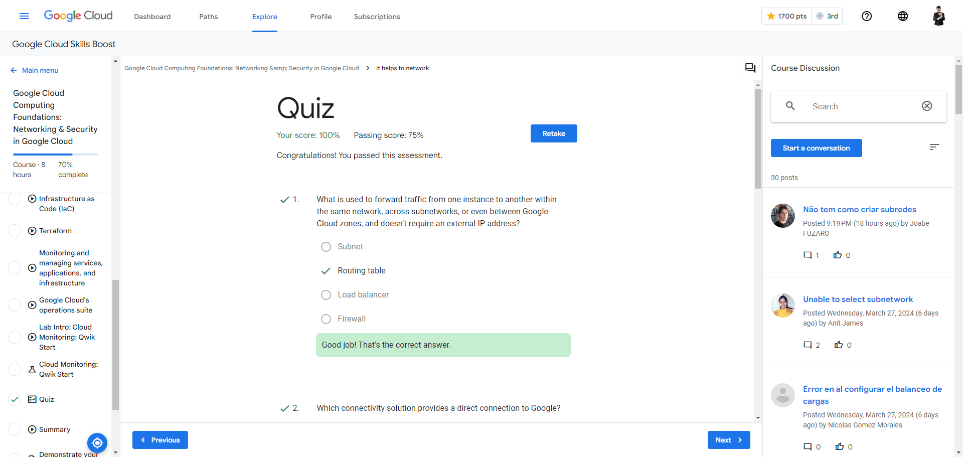 Google Cloud Computing Foundations: Networking & Security in Google Cloud - Quiz