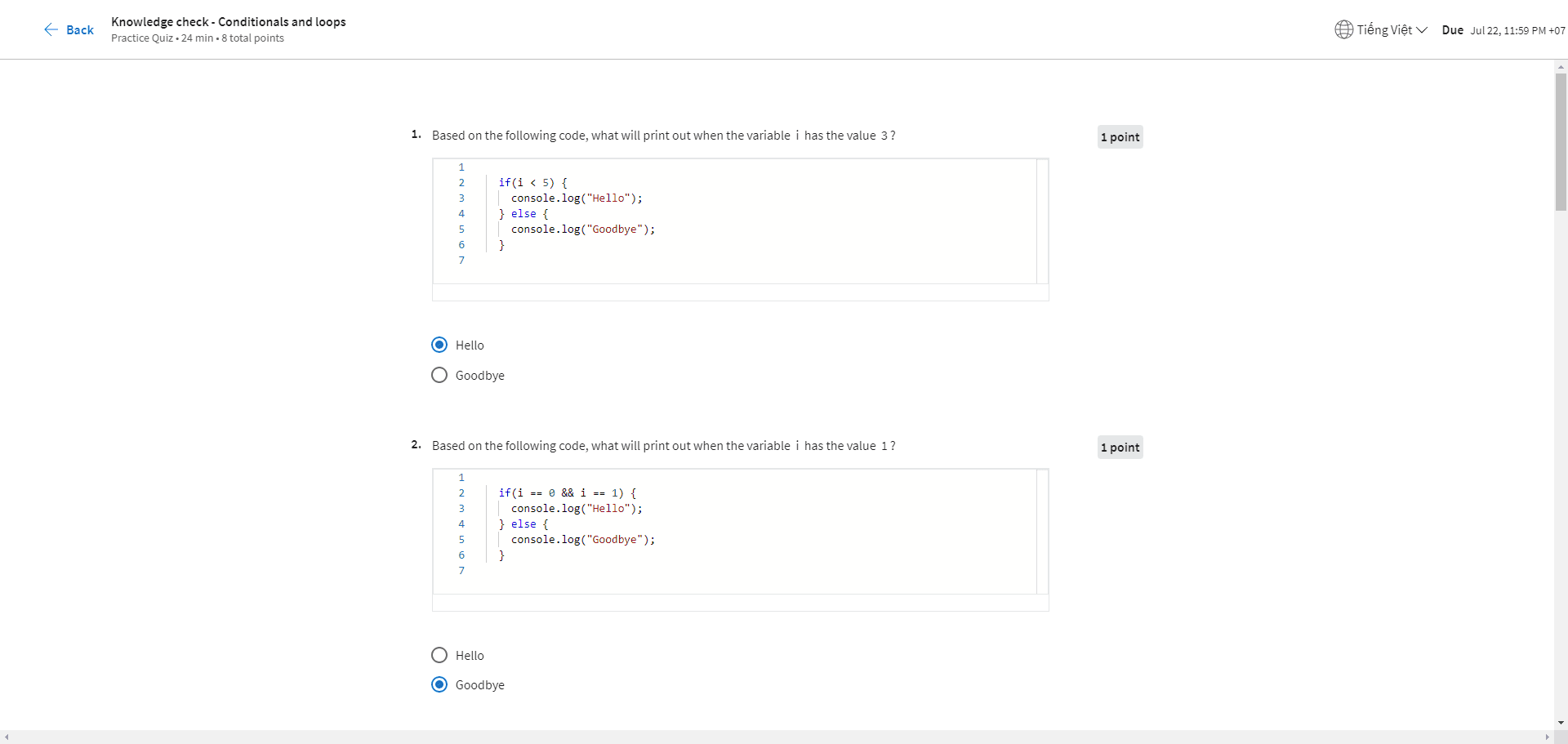 Knowledge check - Conditionals and loops in Javascript