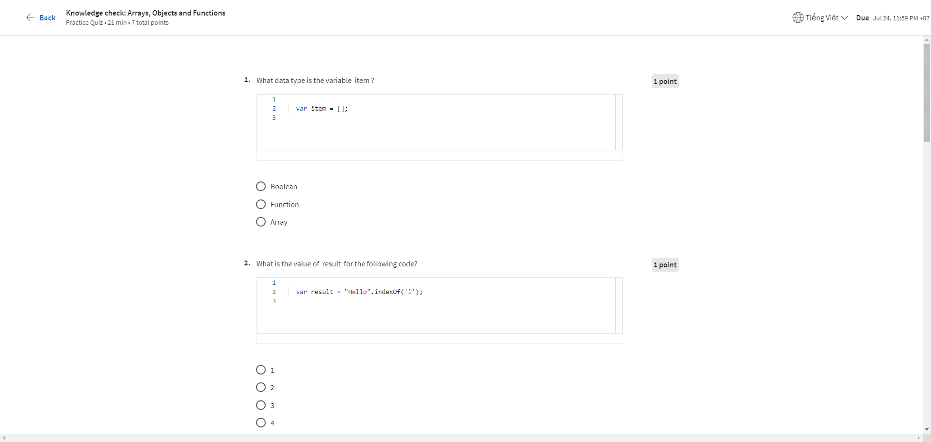 Knowledge check: Arrays, Objects and Functions in Javascript