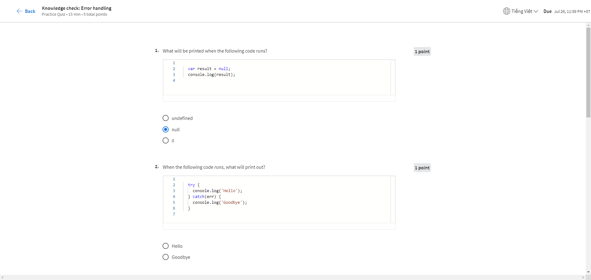 Knowledge check: Error handling in Javascript