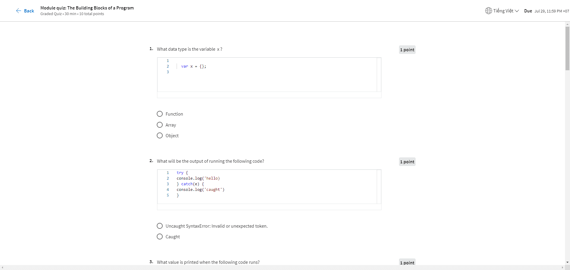 Module quiz: The Building Blocks of a Program in Javascript