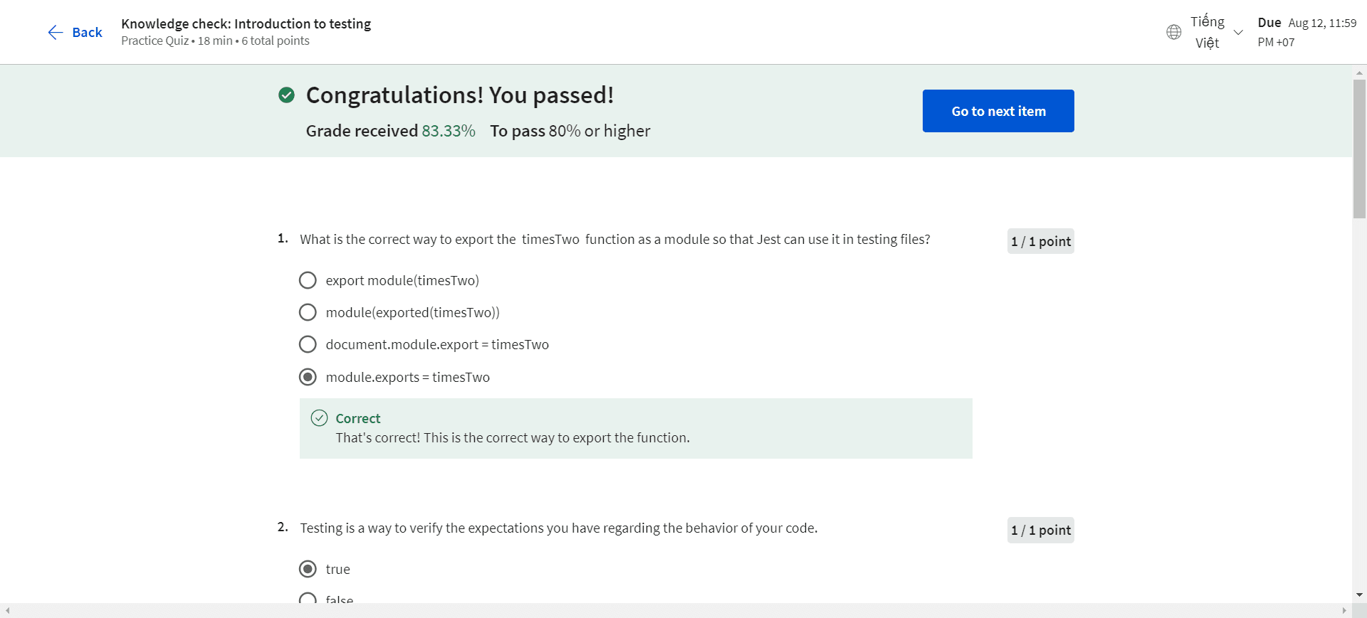 Knowledge check: Introduction to testing in Javascript