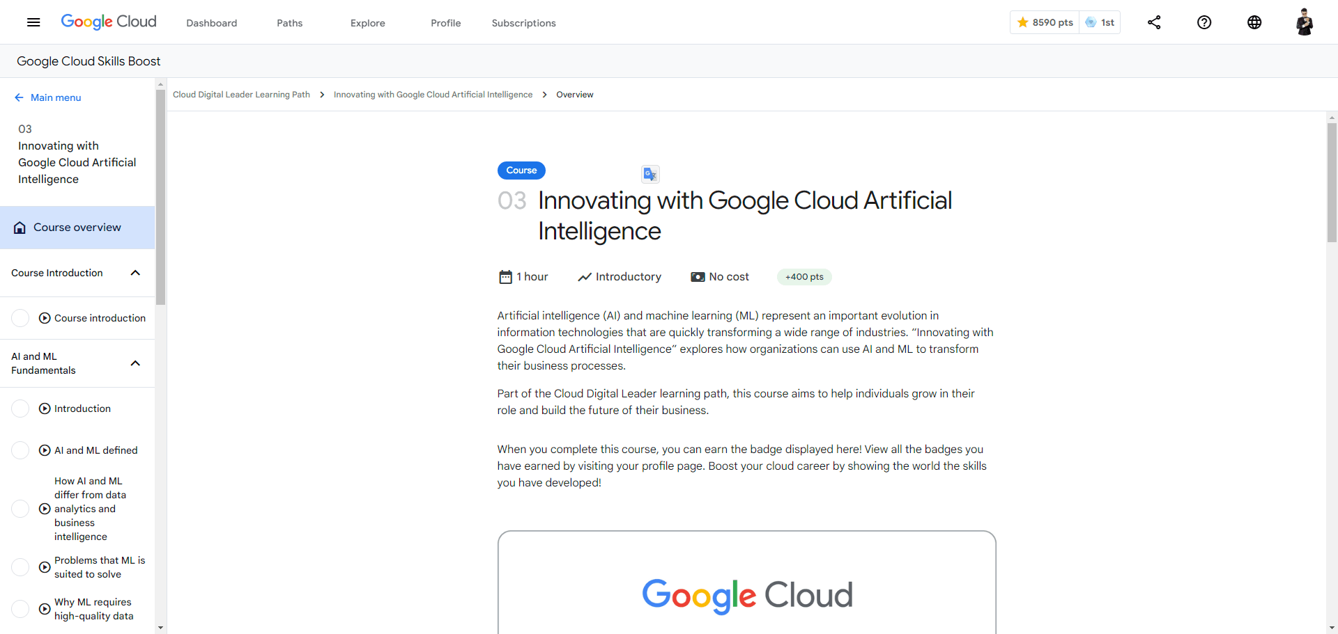 Innovating with Google Cloud Artificial Intelligence