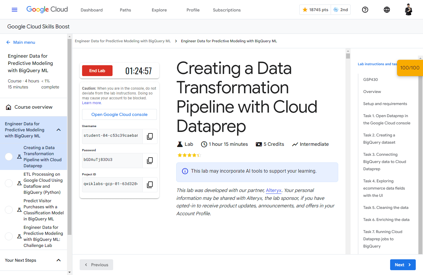 Creating a Data Transformation Pipeline with Cloud Dataprep - GSP430