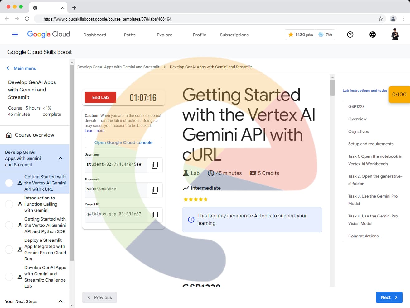 Getting Started with the Vertex AI Gemini API with cURL - GSP1228