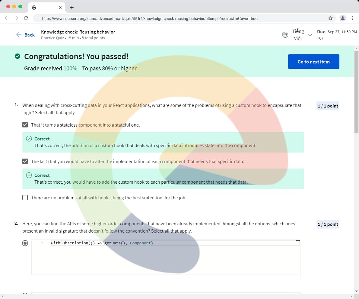 Knowledge check: Reusing behavior - Advanced React