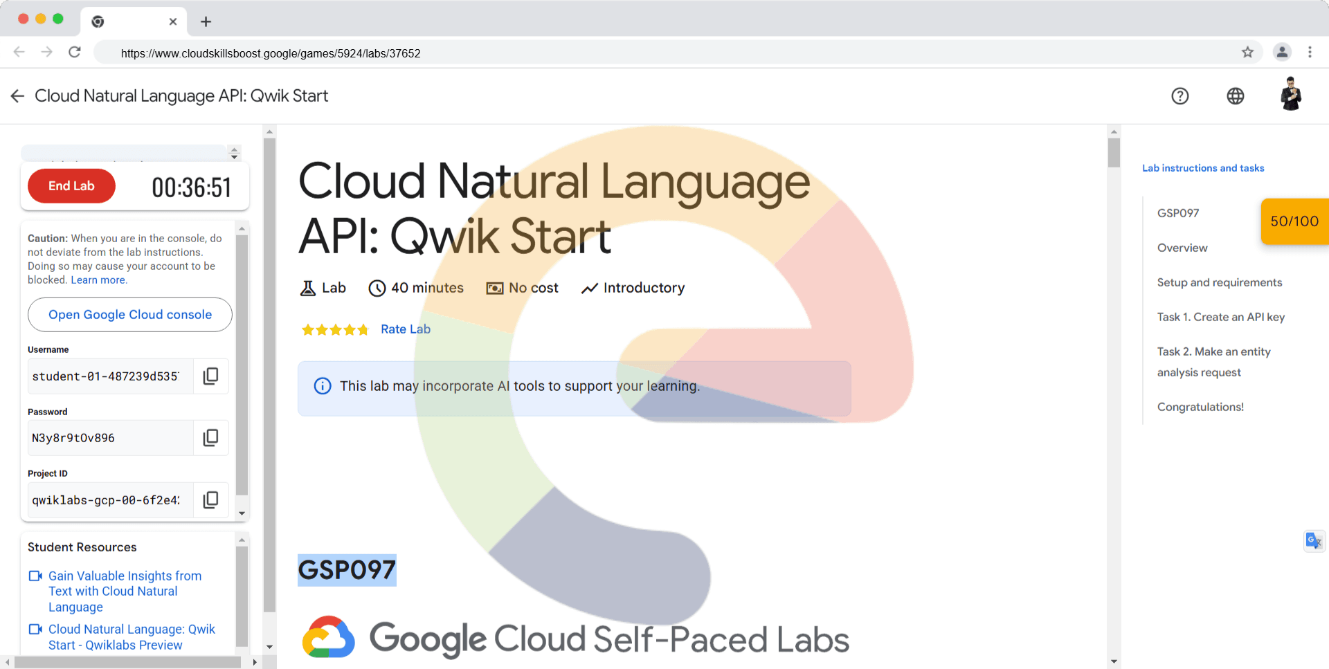 (2025) Cloud Natural Language API: Qwik Start - GSP097