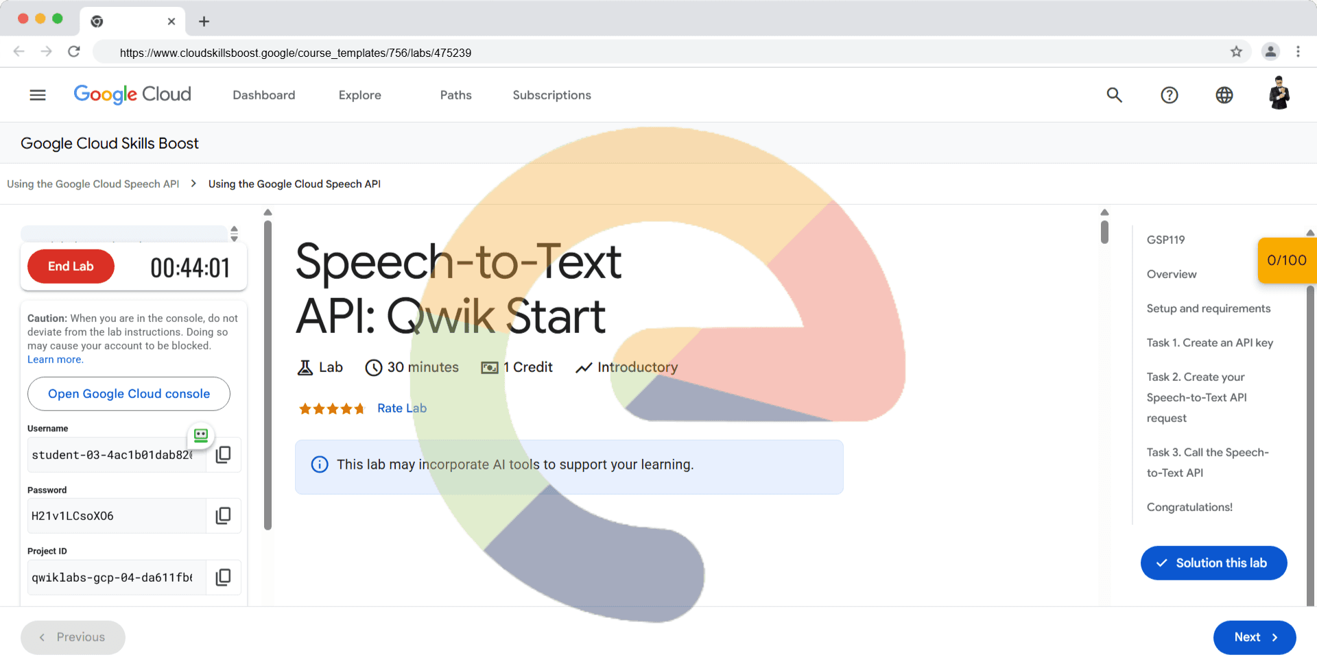 Speech-to-Text API: Qwik Start - GSP119