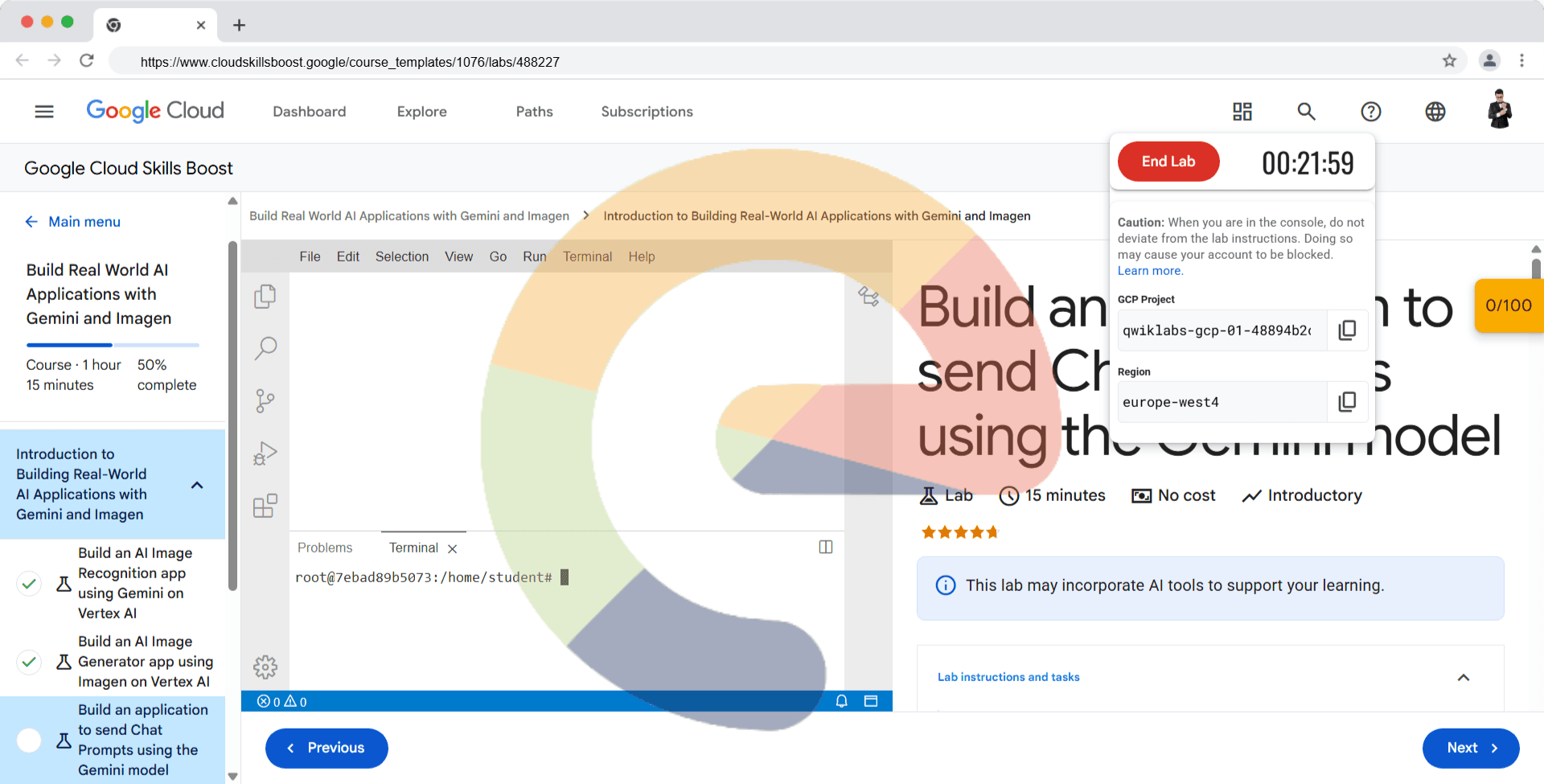 Build an application to send Chat Prompts using the Gemini model - bb-ide-genai-003