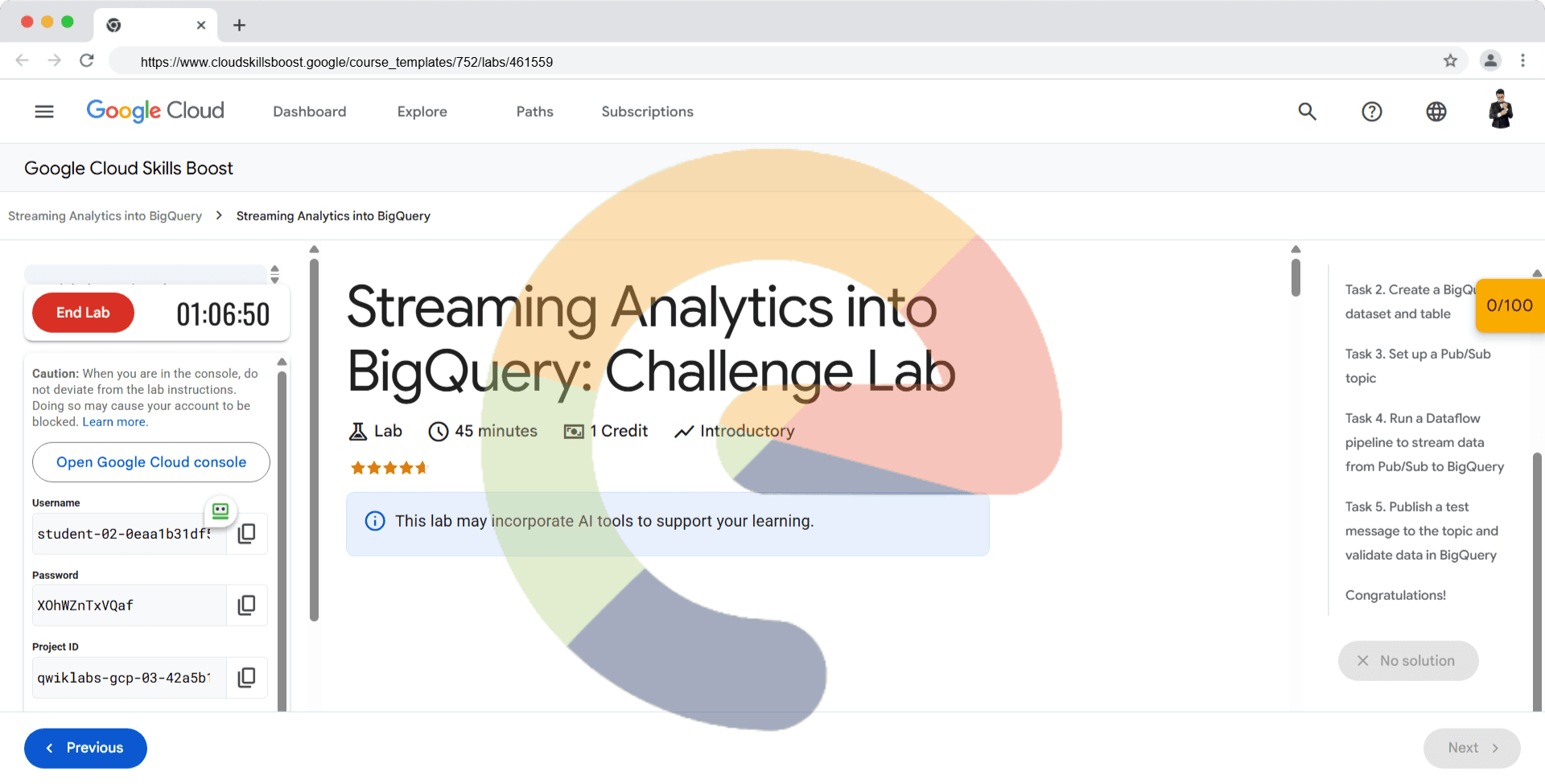 Streaming Analytics into BigQuery: Challenge Lab - ARC106