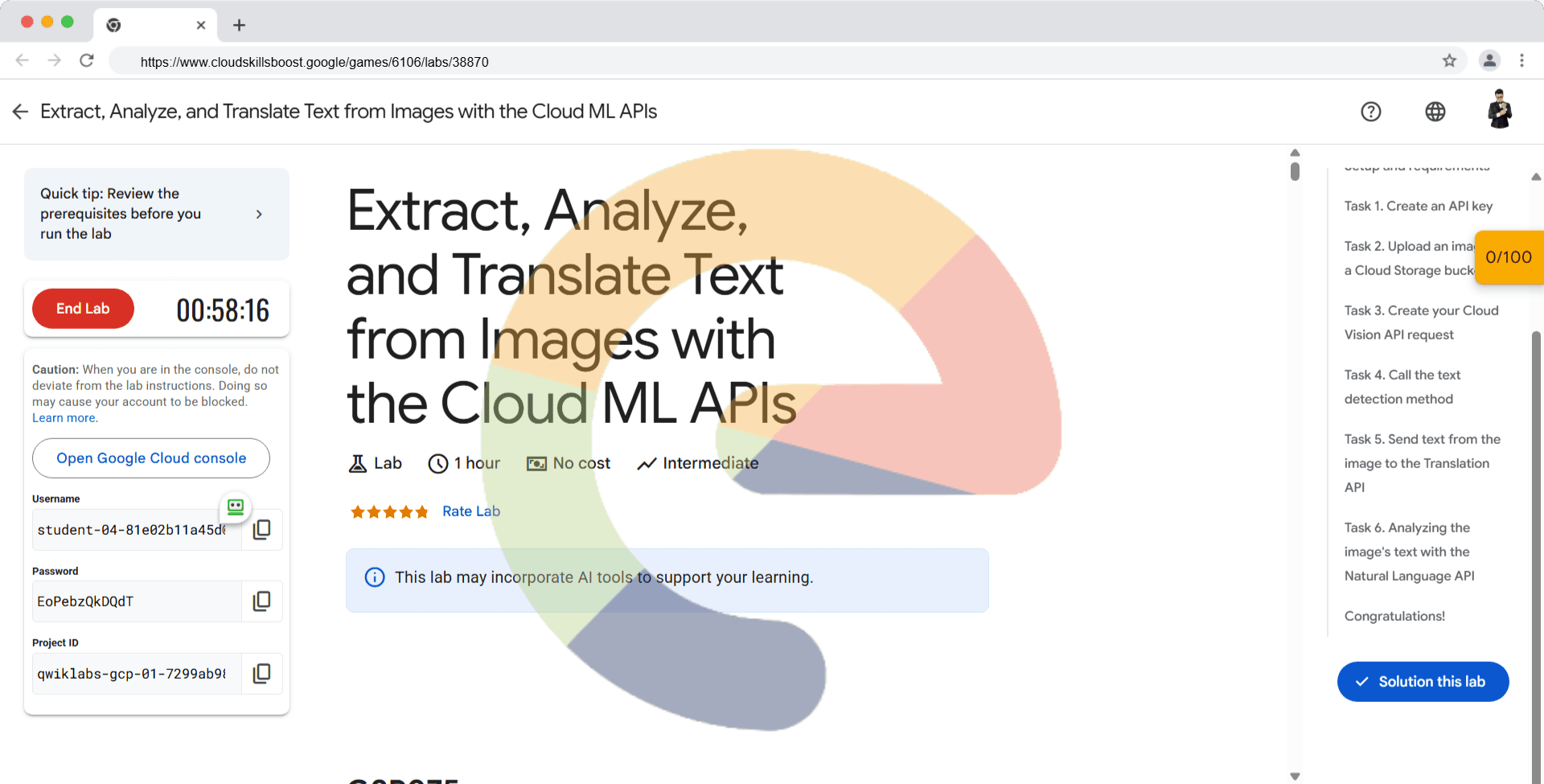Extract, Analyze, and Translate Text from Images with the Cloud ML APIs - GSP075