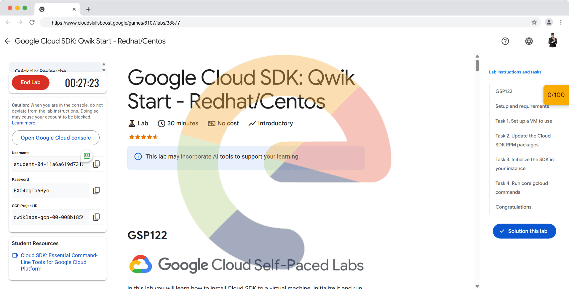Google Cloud SDK: Qwik Start - Redhat/Centos - GSP122