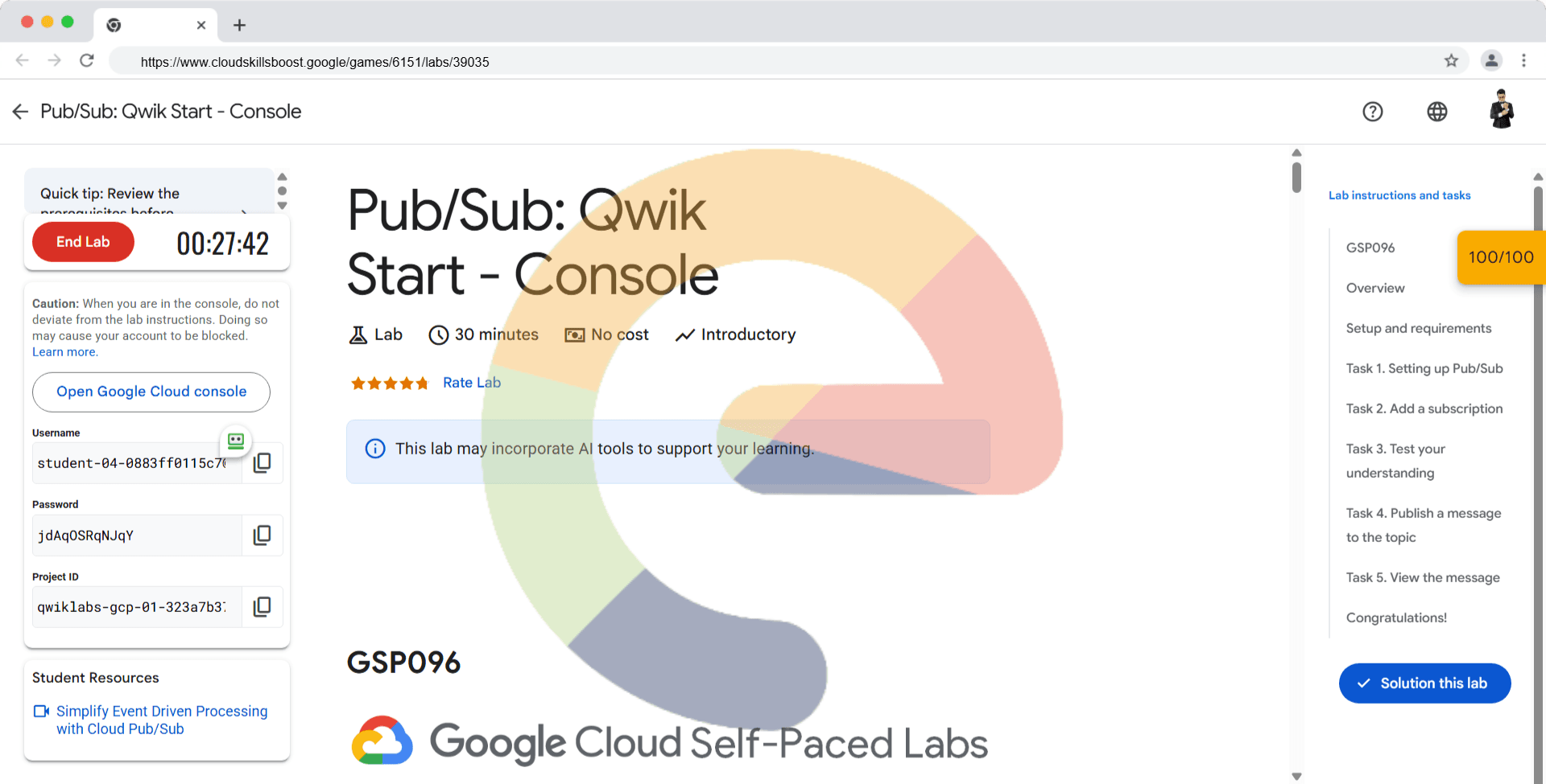 Pub/Sub: Qwik Start - Console - GSP096