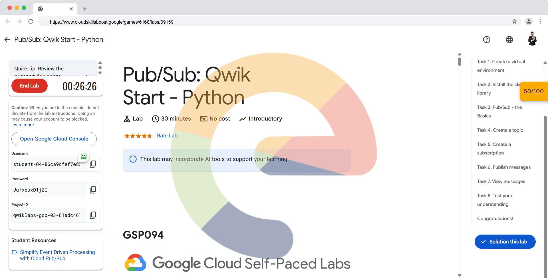 Pub/Sub: Qwik Start - Python - GSP094
