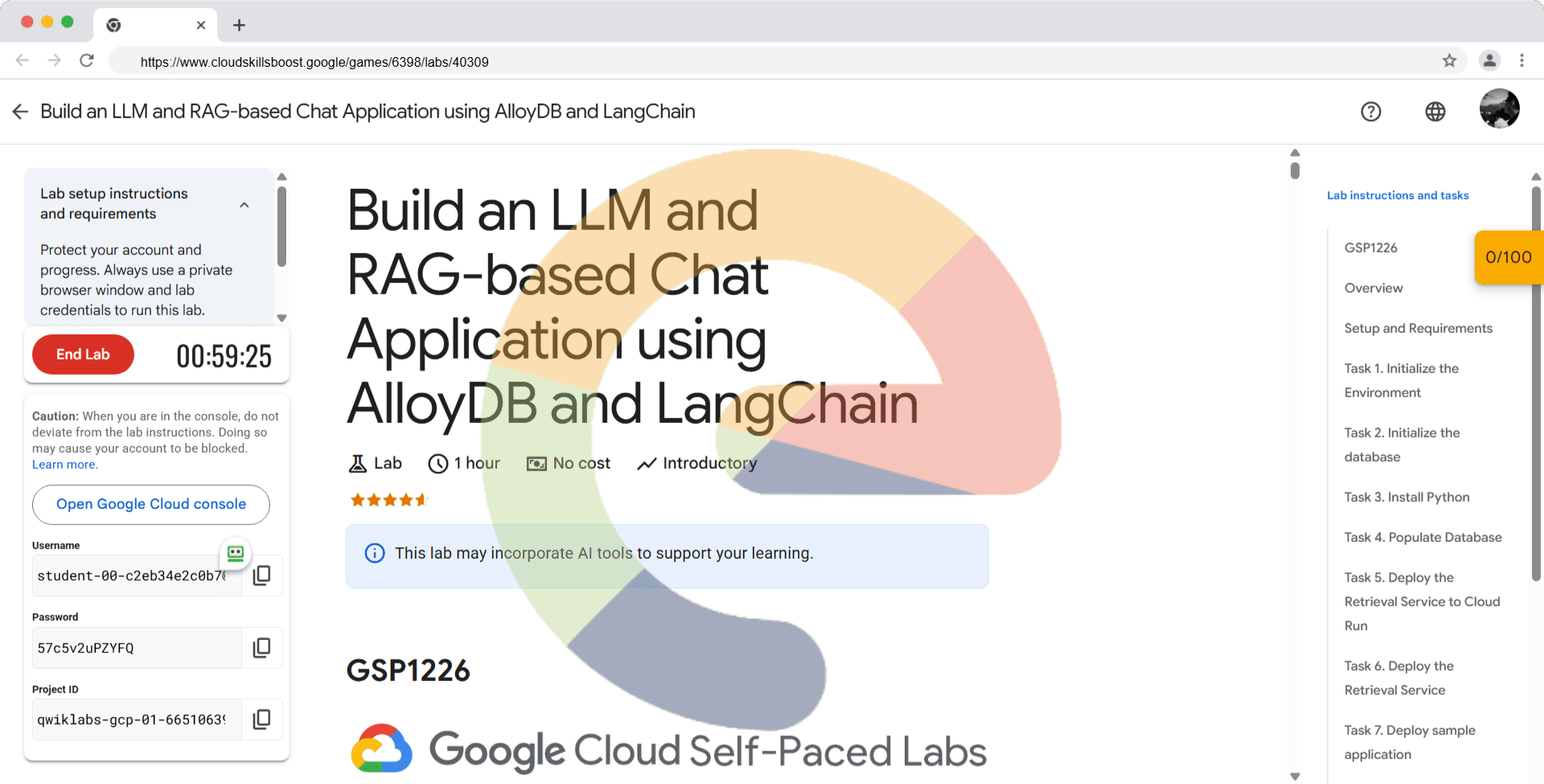 Build an LLM and RAG-based Chat Application using AlloyDB and LangChain - GSP1226