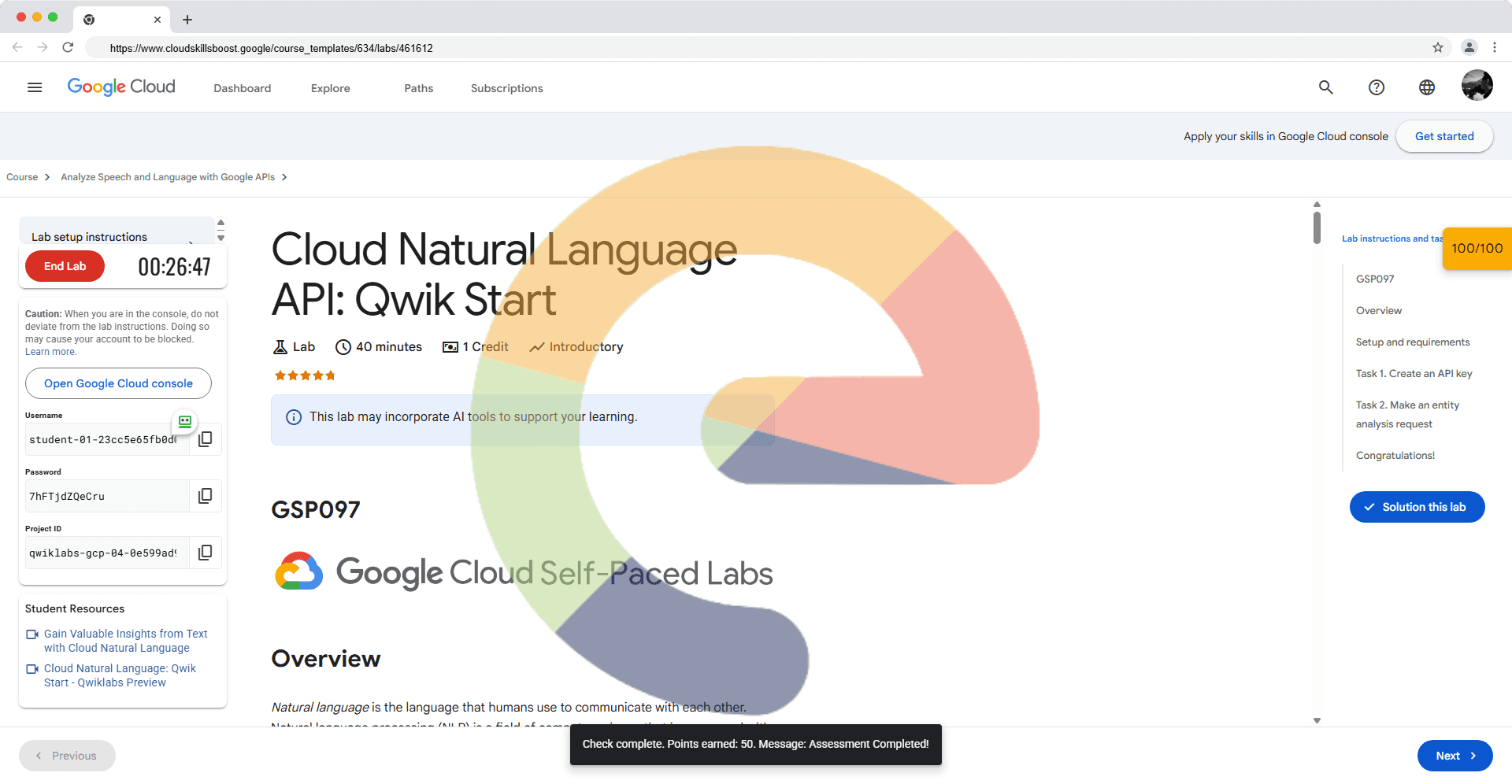 Cloud Natural Language API: Qwik Start - GSP097