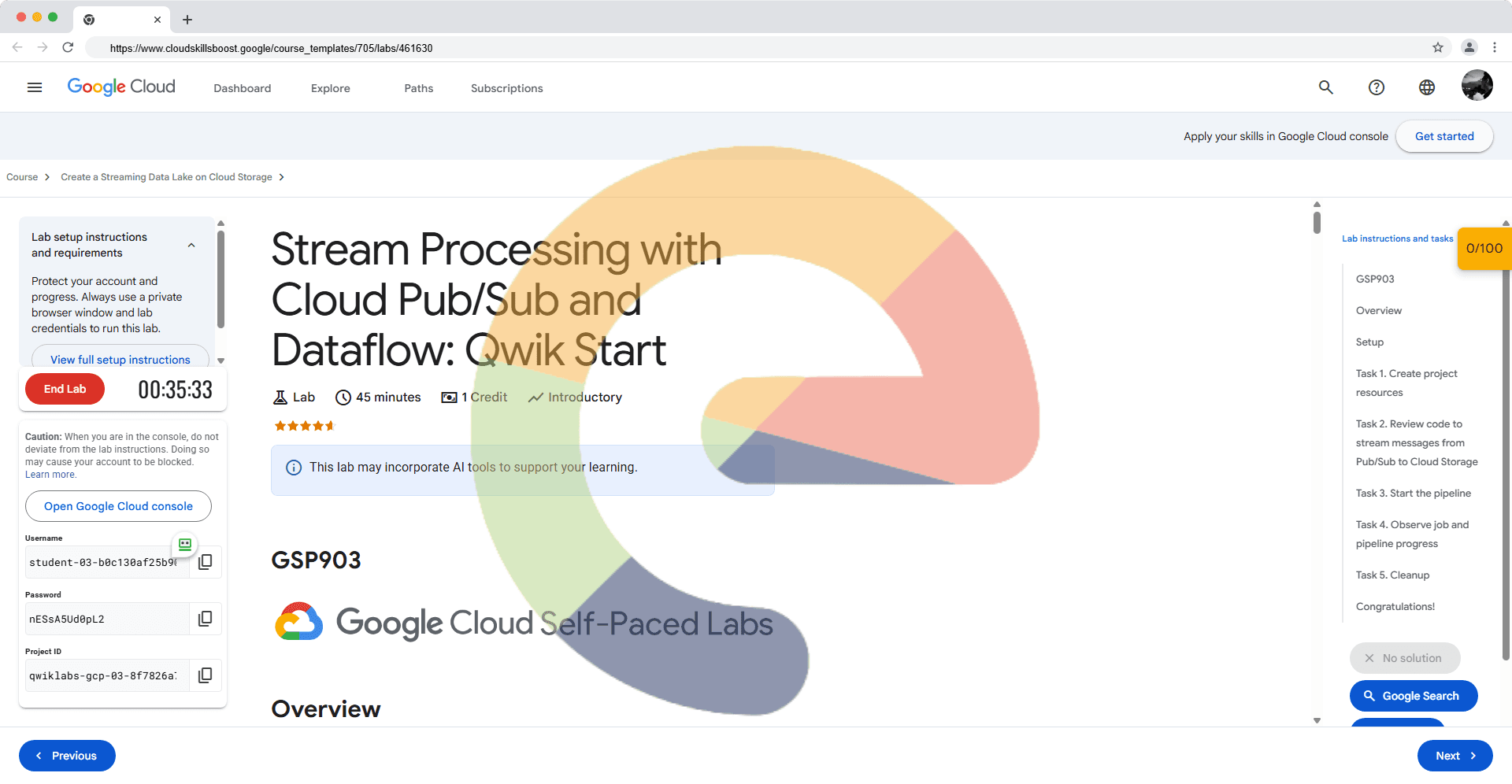 Stream Processing with Cloud Pub/Sub and Dataflow: Qwik Start - GSP903