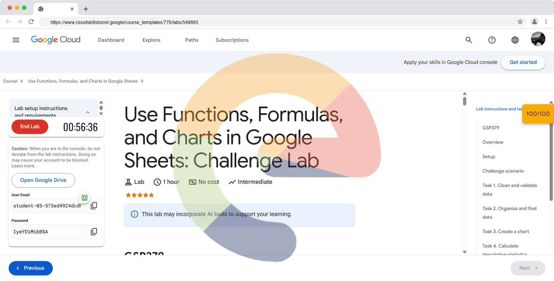 Use Functions, Formulas, and Charts in Google Sheets: Challenge Lab - GSP379