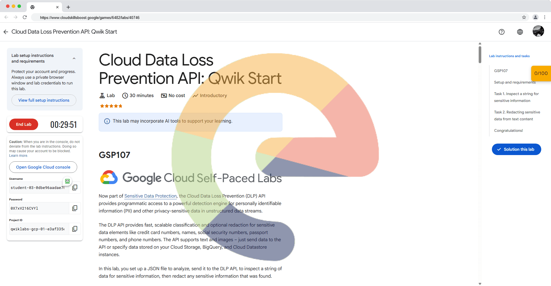 Cloud Data Loss Prevention API: Qwik Start - GSP107