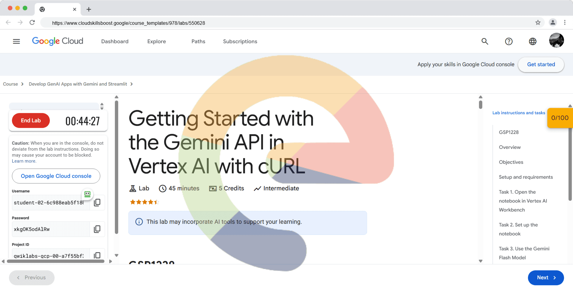 Getting Started with the Gemini API in Vertex AI with cURL - GSP1228