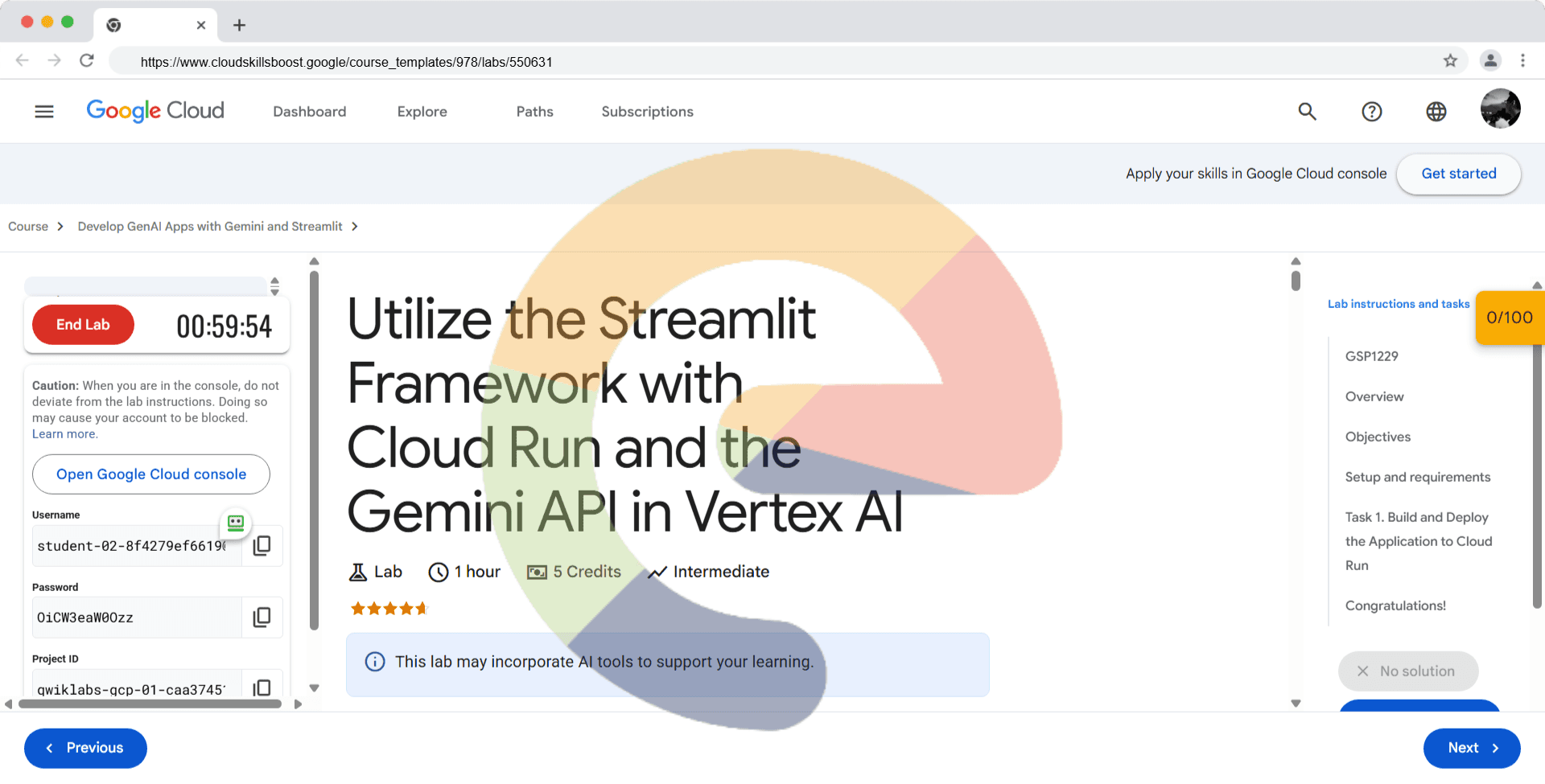 Utilize the Streamlit Framework with Cloud Run and the Gemini API in Vertex AI - GSP1229