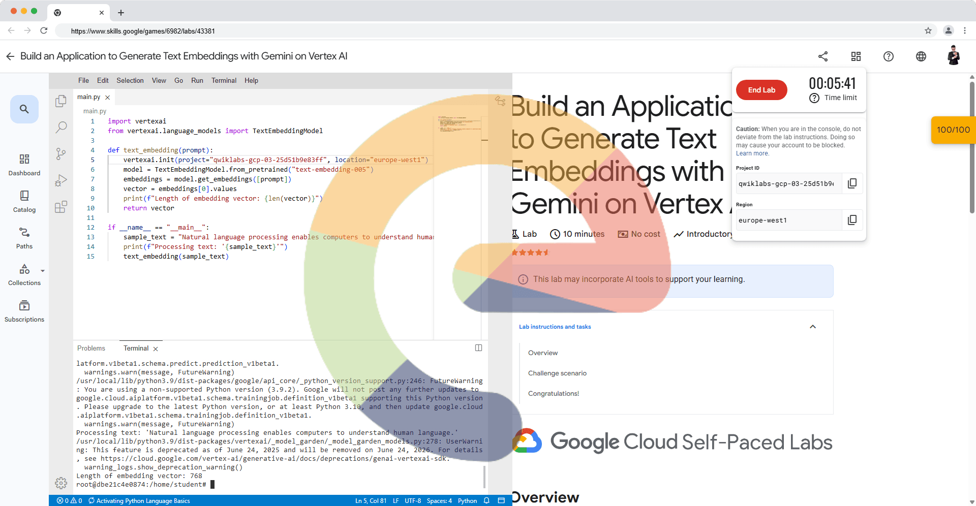 Build an Application to Generate Text Embeddings with Gemini on Vertex AI (Solution)