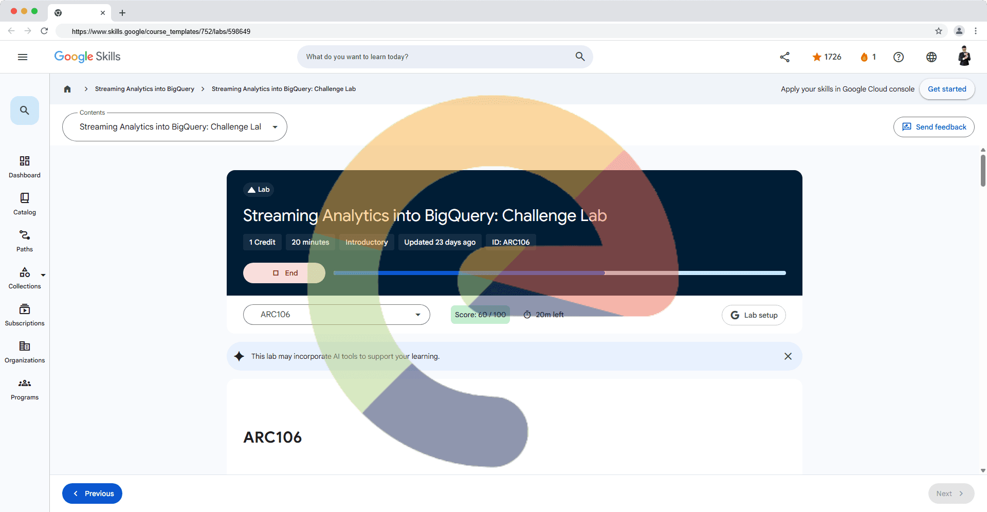 Streaming Analytics into BigQuery: Challenge Lab - ARC106