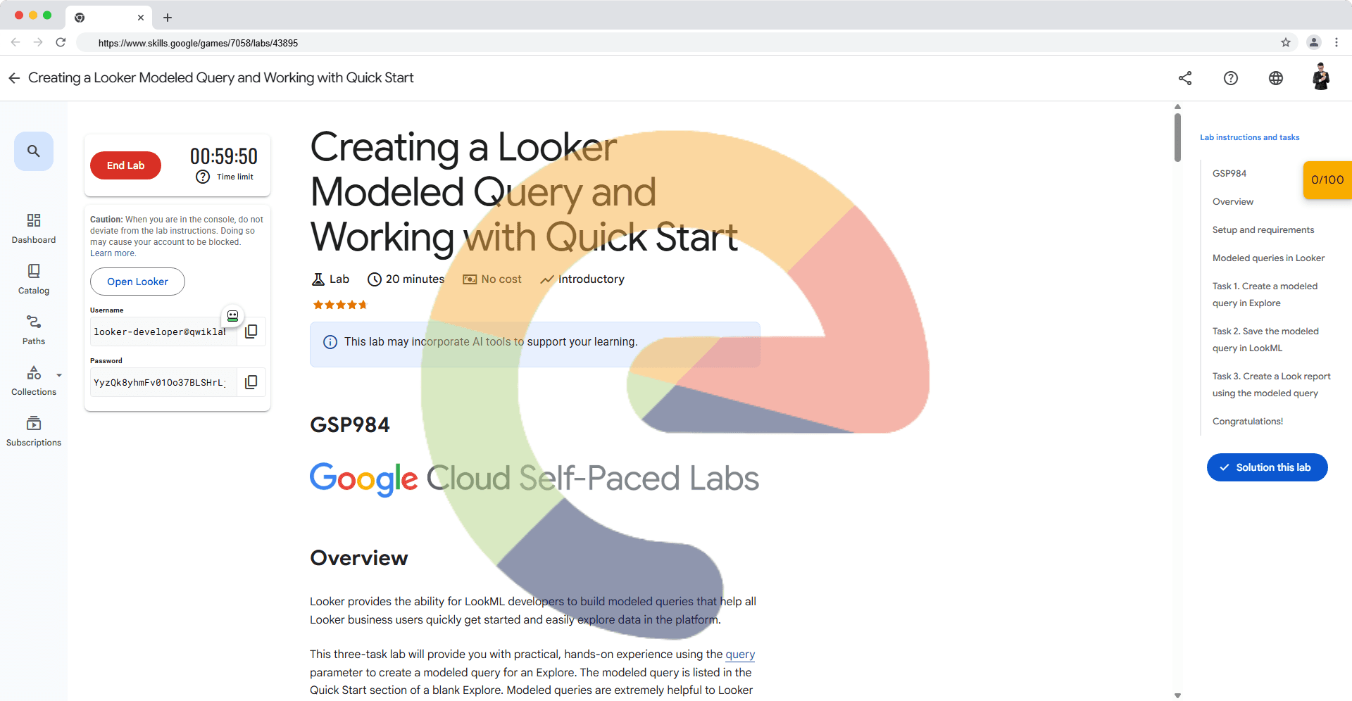 Creating a Looker Modeled Query and Working with Quick Start - GSP984